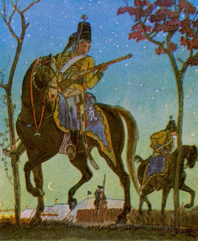 Husaarien etuvartioasemat (värilitografia) tekijältä Christophe (1856 1945)