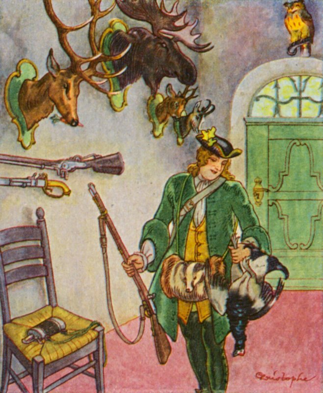 Jagdschloss Mit Trophaen / Metsästysmaja ja trofeet (värilitro) tekijältä Christophe (1856 1945)