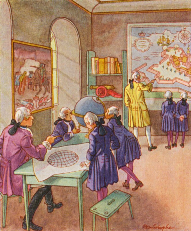 Kriegsschule / Sotakoulu (värilitografia) tekijältä Christophe (1856 1945)