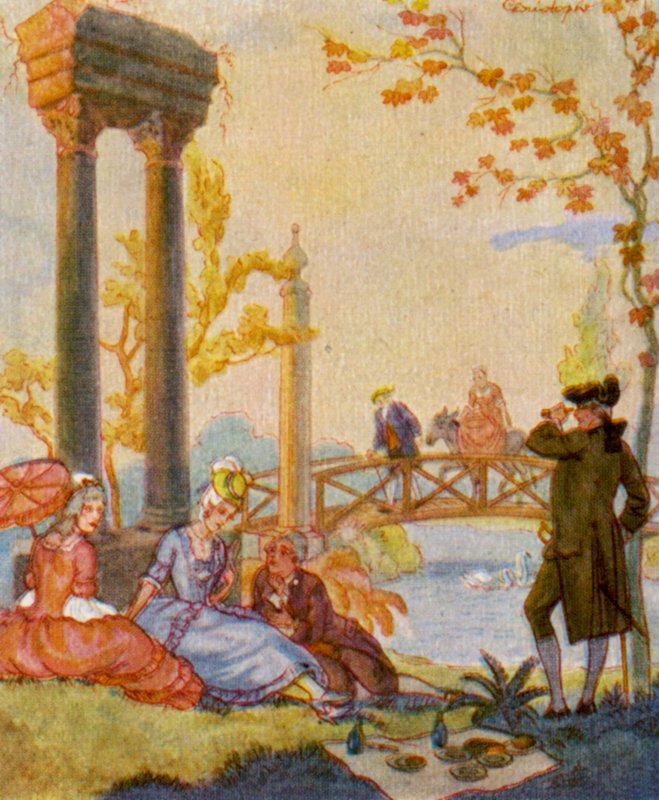 Park Mit Ruine / Puisto raunioineen (värilitografia) tekijältä Christophe (1856 1945)