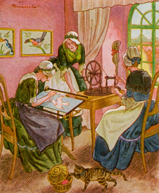 Stickerin Und Spinnerin / Koruompelija ja kehrääjä (värilitro) tekijältä Christophe (1856 1945)
