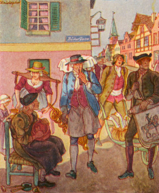 Strassenhandler / katukauppias (värillinen litografia) tekijältä Christophe (1856 1945)