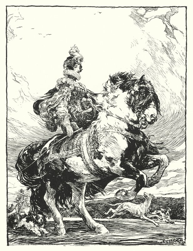 Nainen Tudor-asussa metsästämässä hevosen selässä (litho) tekijältä Christopher (after) Clark