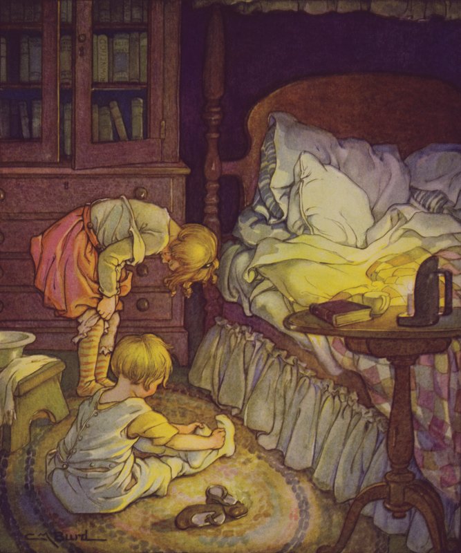 Lapsen jakeiden puutarha: Sänky kesällä (väri litho) tekijältä Clara Miller Burd