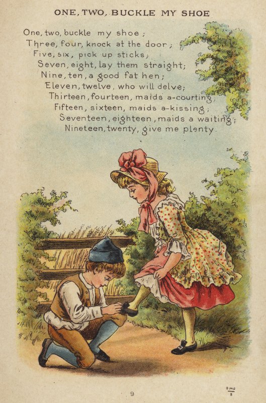 Lastenlaulu: Yksi, kaksi, Buckle My Shoe (chromolitho) tekijältä Constance Haslewood