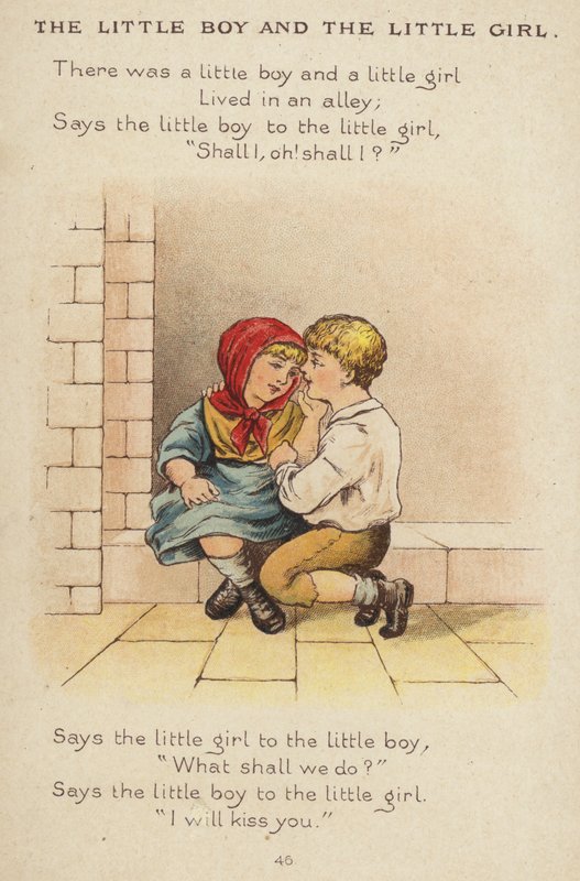 Lastenlaulu: Pikkupoika ja pikkutyttö (chromolitho) tekijältä Constance Haslewood