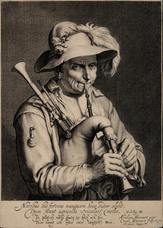 Mies soittaa säkkipilliä (kaiverrus) tekijältä Cornelis Bloemaert