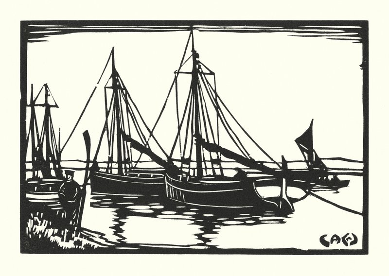 Kalastusveneet ja proomut: Leigh Bawleys (puupiirros). tekijältä Cyril A. Wilkinson