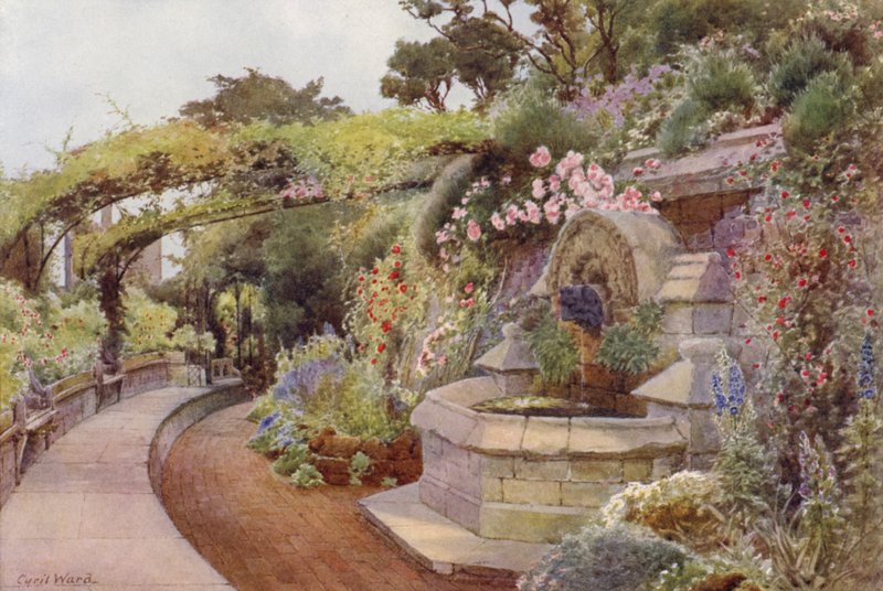 Ruusujen aika, Fountain Terrace, Norman Tower Garden (värilitho) tekijältä Cyril Ward