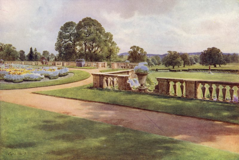 Näkymä terassilta, Bagshot Park (väri litho) tekijältä Cyril Ward