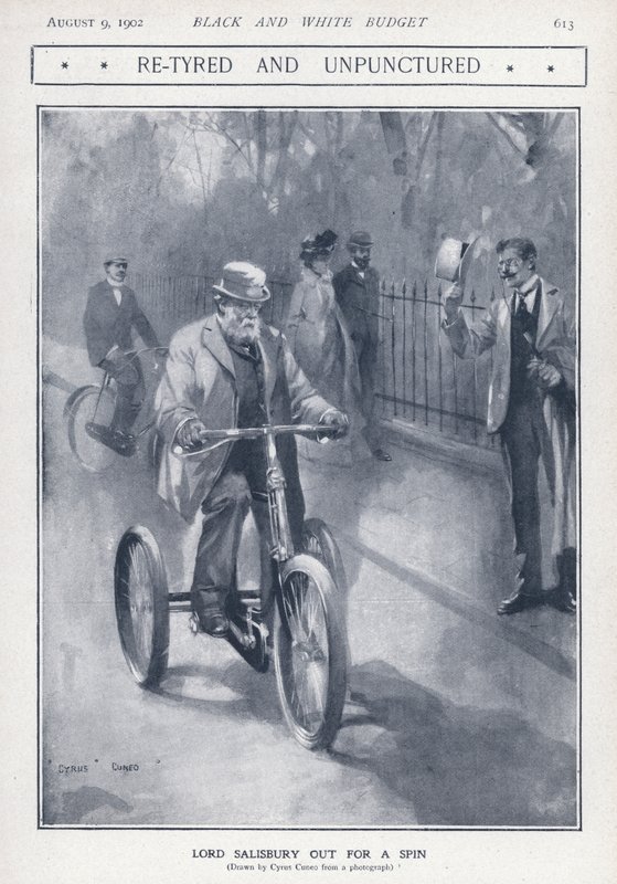 Englannin konservatiivinen poliitikko ja pääministeri Lord Salisbury ajamassa kolmipyörällä (litho) tekijältä Cyrus Cuneo