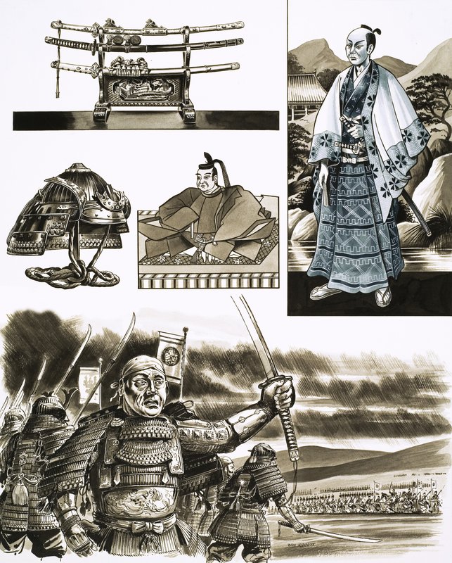 Samurain ammatti on ryöstö ja väkivalta (guassi paperille) tekijältä Dan Escott