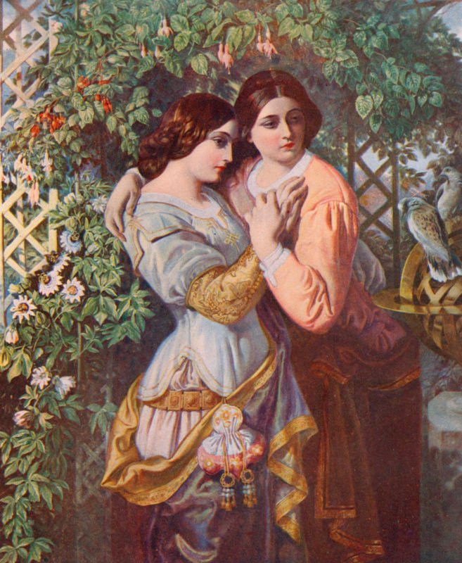 Shakespeare: Celia ja Rosalind, kuten haluat, näytös I, kohtaus 3 (värilitho) tekijältä Daniel (after) Maclise