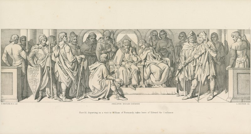 Harold, joka lähtee vierailulle William of Normandian luo, jättää hyväsydämisen Edward Tunnustajalta tekijältä Daniel Maclise