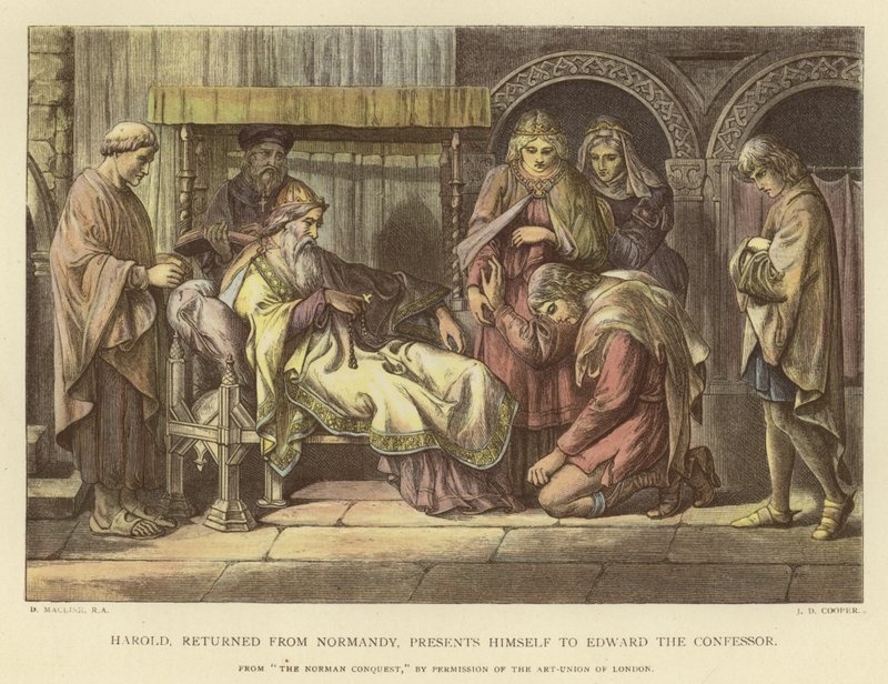 Normandiasta palannut Harold esittelee itsensä Edward Tunnustajalle tekijältä Daniel Maclise