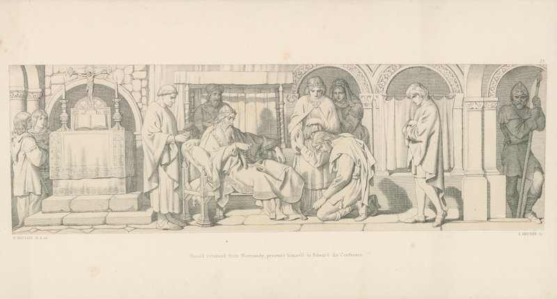 Normandiasta palannut Harold esittelee itsensä Edward Tunnustajalle tekijältä Daniel Maclise