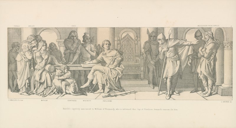 Haroldin vankeudesta ilmoitettiin Normandian Williamille, jolle kerrotaan, että Guy of Ponthieu vaatii lunnaita häneltä tekijältä Daniel Maclise