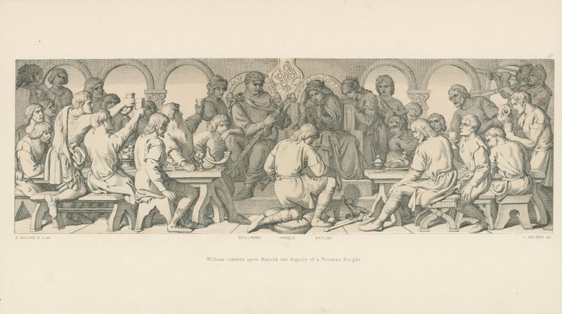 William myöntää Haroldille normanniritarin arvon tekijältä Daniel Maclise