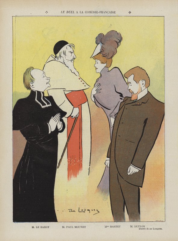Näytelmän Le Duel tuotanto Comedie-Francaisessa. Kuvitus Le Rirelle tekijältä Daniel de Losques