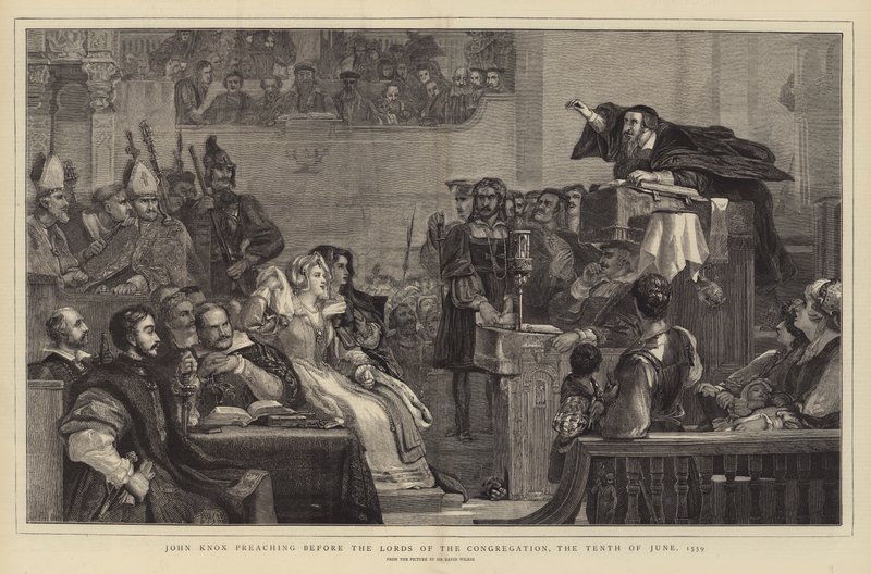 John Knox saarnaa seurakunnan herrojen edessä, kymmenentenä kesäkuuta 1559 tekijältä David Wilkie