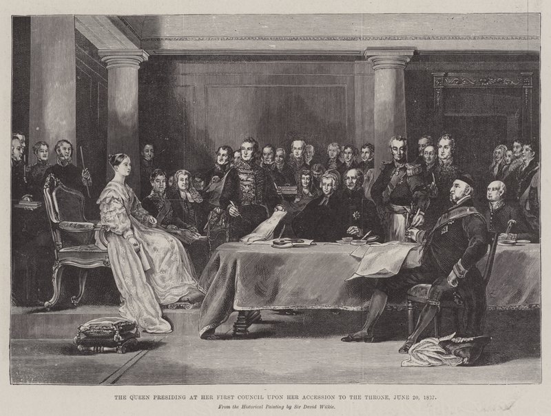 Kuningatar puheenjohtajana ensimmäisessä neuvostossaan hänen noustessa valtaistuimelle, 20. kesäkuuta 1887 tekijältä David Wilkie