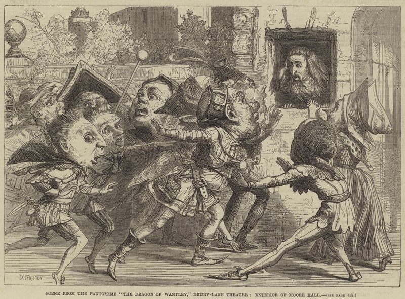 Kohtaus Pantomiimista The Dragon of Wantley, Drury-Lane Theatre, Moore Hallin ulkopuoli tekijältä David Henry Friston
