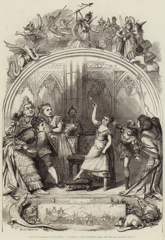 Pantomiimi Covent-Gardenissa, Cinderella, Perhospallo ja Heinäsirkkajuhla tekijältä David Henry Friston