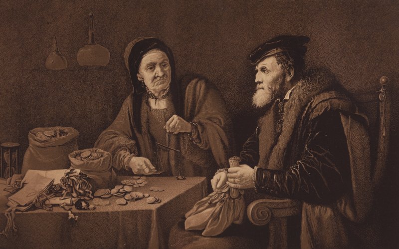 The Misers, Lontoon kansallisgalleriassa olevasta kuvasta (litografia). tekijältä David the Younger (after) Teniers