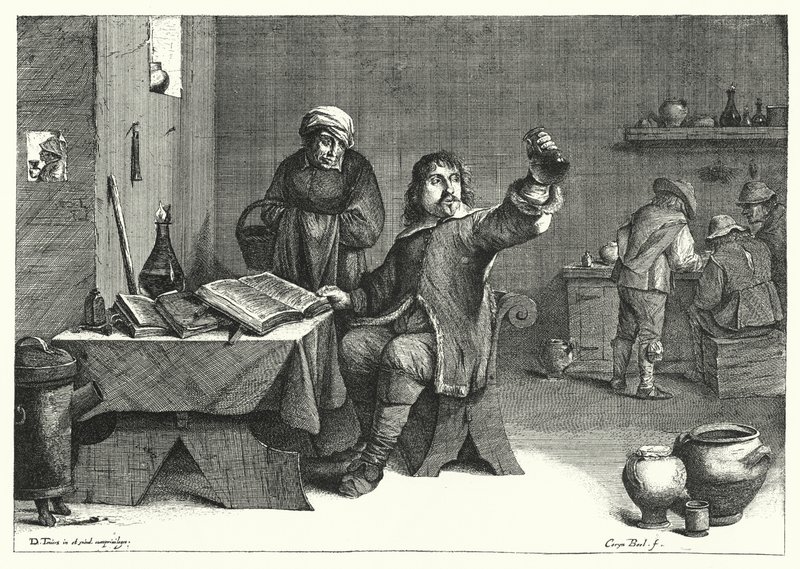 Virtsalääkäri (kaiverrus) tekijältä David the Younger (after) Teniers