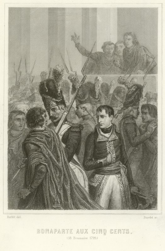 Napoleon Bonaparte viisisatapäisen neuvoston jäsenten ympäröimänä tekijältä Denis Auguste Marie Raffet