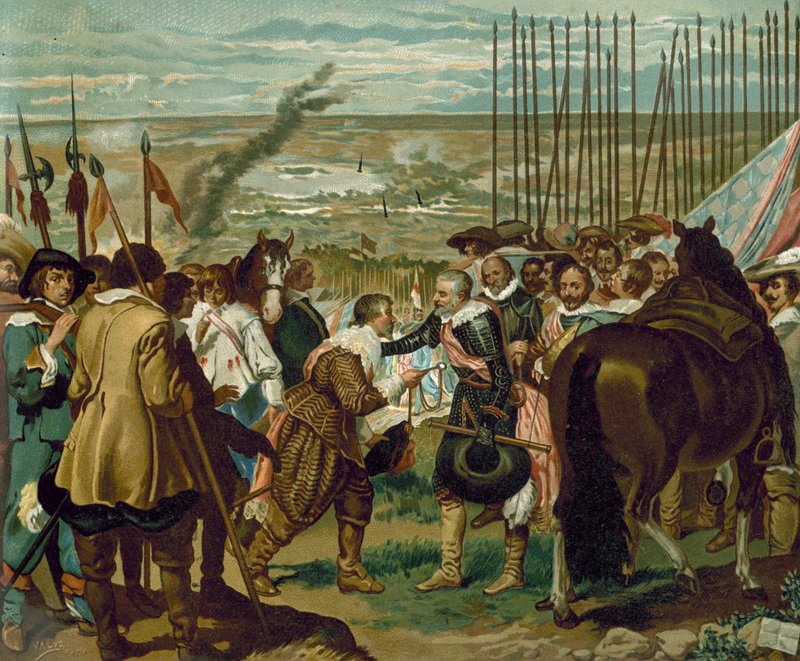 Bredan antautuminen, Alankomaat, 1625 (chromolitho) tekijältä Diego Velázquez
