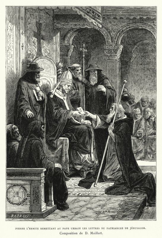 Pietari Erakko jakaa paavi Urbanille Jerusalemin patriarkan kirjeet (kaiverrus) tekijältä Diogene Ulysse Napoleon Maillart