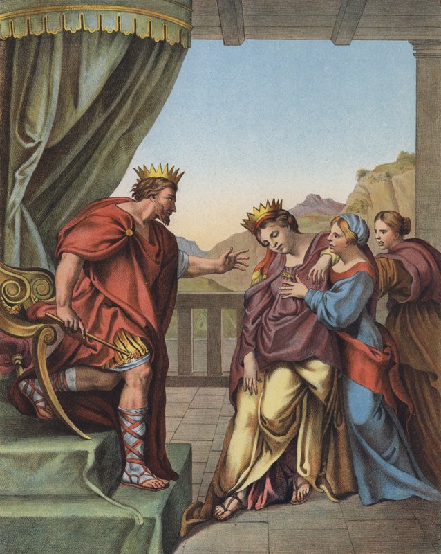 Kuningas Ahasverus lupasi Esterille, että hän antaa kaiken, mitä tämä pyytää (väri litho) tekijältä Domenichino