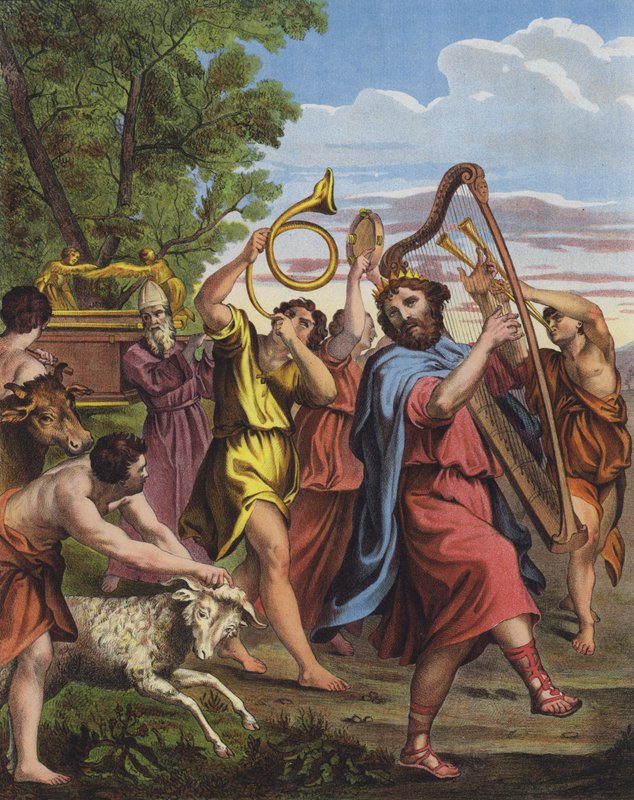 Kuningas Daavid tanssii liitonarkun edessä, kun hän tuo sen Jerusalemiin tekijältä Domenichino
