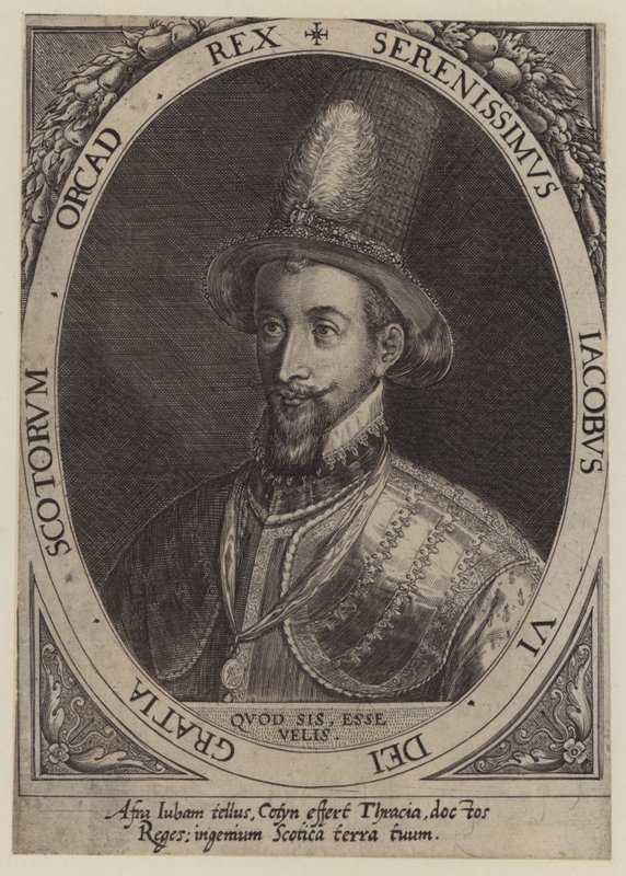 Skotlannin kuningas James VI (kaiverrus) tekijältä Dominicus or Custodis Custos