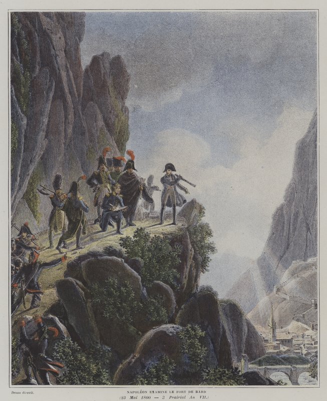 Napoleon tutkii Fort Bardia Italiassa, 23. toukokuuta 1800 (värilitho) tekijältä Dominique Vivant (after) Denon