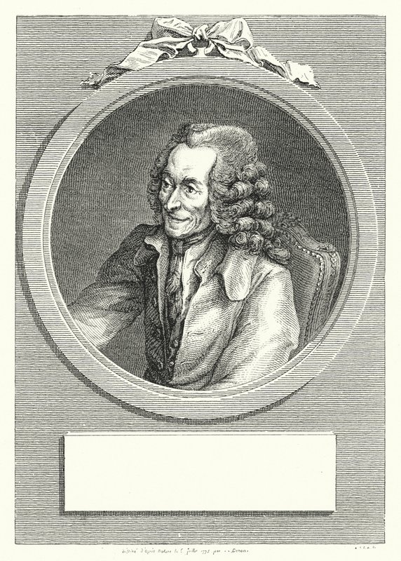 Voltaire, ranskalainen valistuksen kirjailija ja filosofi (kaiverrus) tekijältä Dominique Vivant (after) Denon