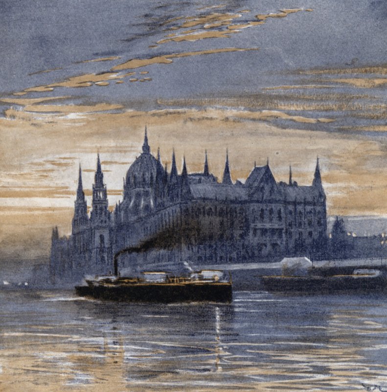 Buda-pest ja sen eduskuntatalo (väri litho) tekijältä Donald (after) Maxwell