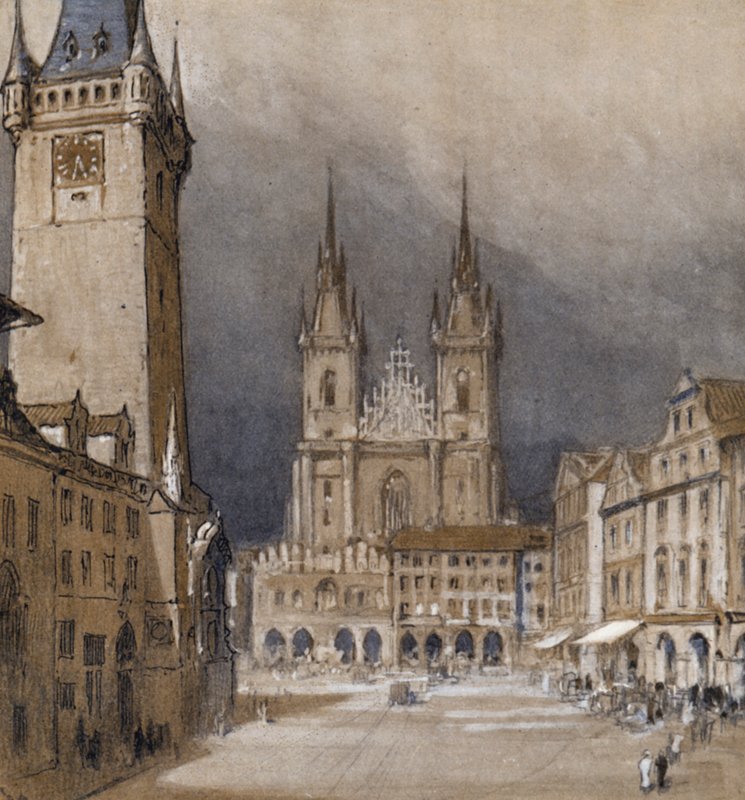 Praha ja sen kaupungintalo (väri litho) tekijältä Donald (after) Maxwell