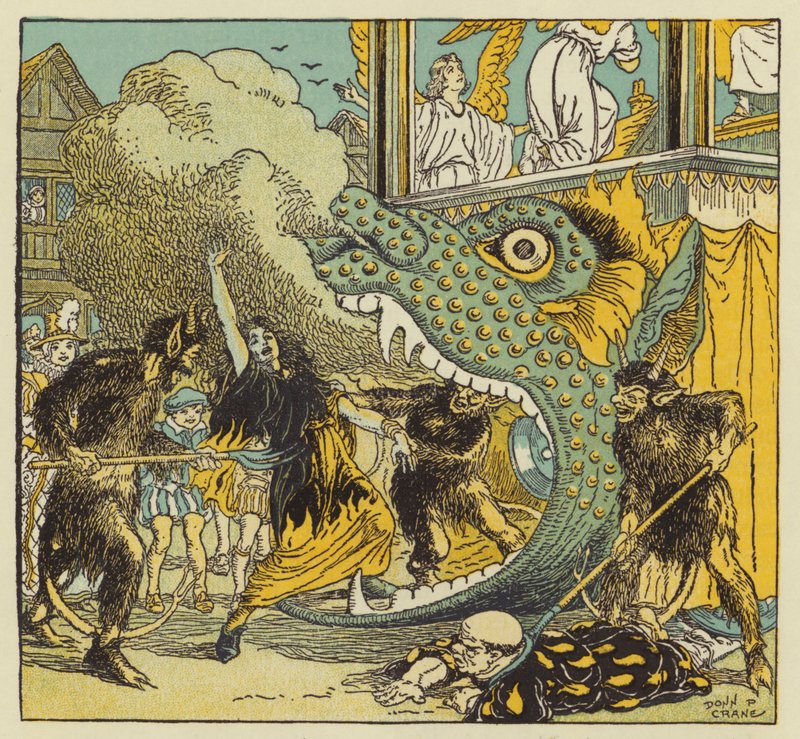 William Shakespearen poikasena näkemän tyyppinen mysteerinäytelmä (värilitografia) tekijältä Donn P. Crane