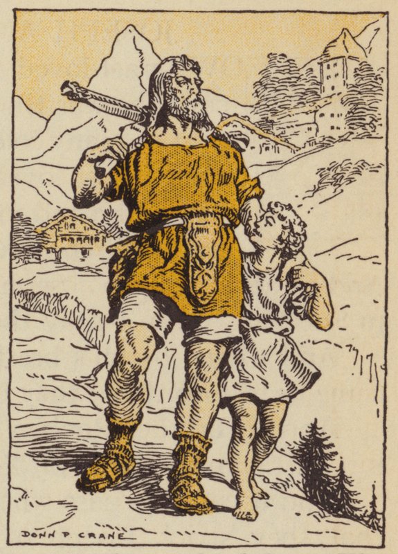 William Tell ja hänen poikansa (väri litho) tekijältä Donn P. Crane