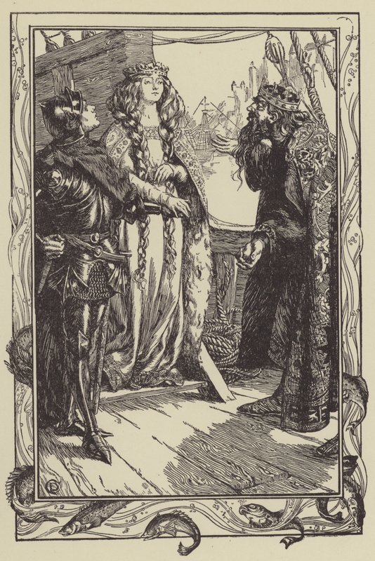 Kuningas Anguish antaa Isoltin Sir Tristramille (litho) tekijältä Dora Curtis