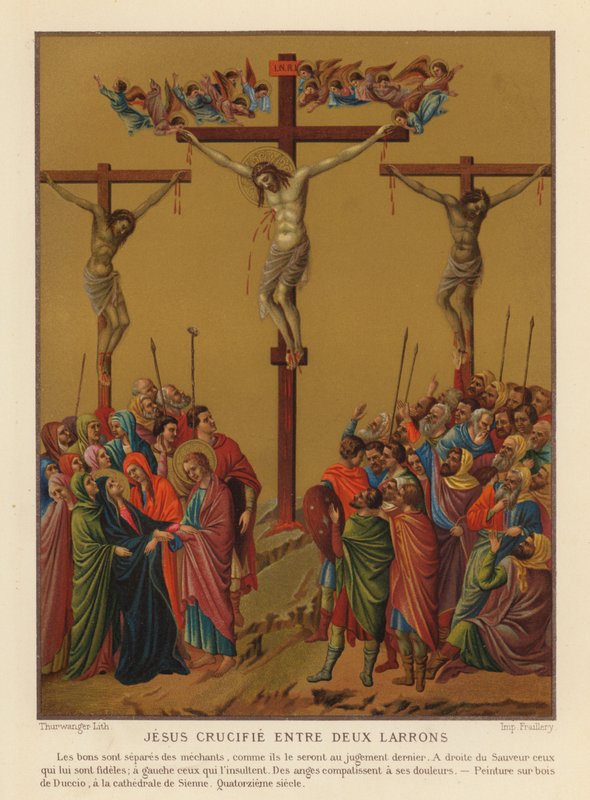Jeesuksen Kristuksen ristiinnaulitseminen (chromolitho) tekijältä Duccio di Buoninsegna