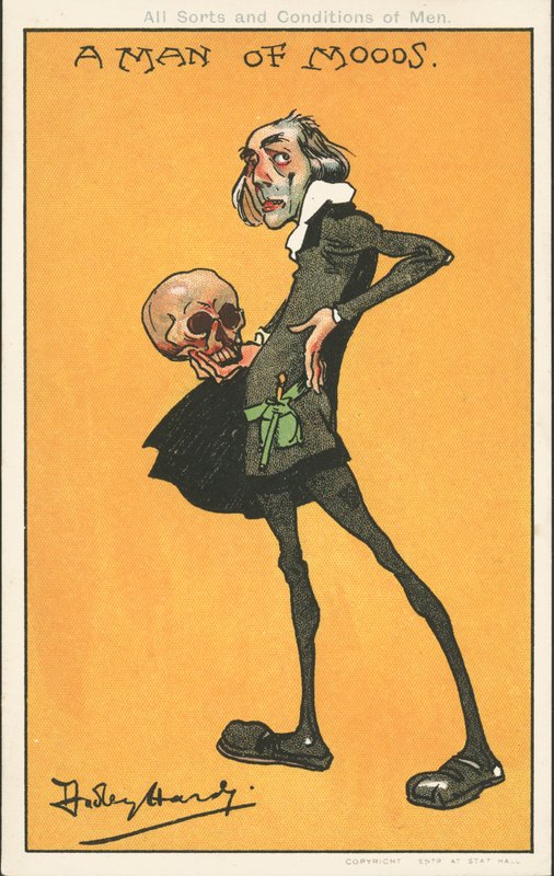 Tunnelmallinen mies: Shakespearen hahmo, Hamlet, Yorickin kallo (väri litho) tekijältä Dudley Hardy