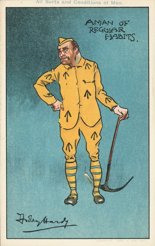 Säännöllisten tapojen mies: vanki pitelee hakkua (väri litho) tekijältä Dudley Hardy