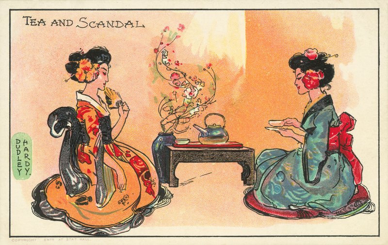 Tee ja skandaali: kaksi japanilaista naista juo teetä (värinen lito) tekijältä Dudley Hardy