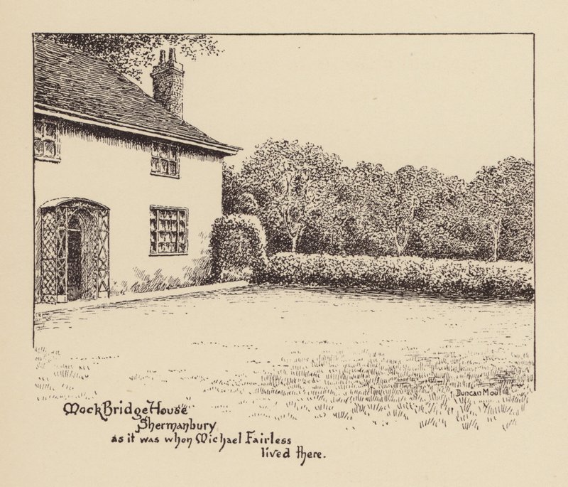 Sussex: Mock Bridge House, Shermanbury sellaisena kuin se oli Michael Fairlessin asuessa siellä (litografia). tekijältä Duncan Moul