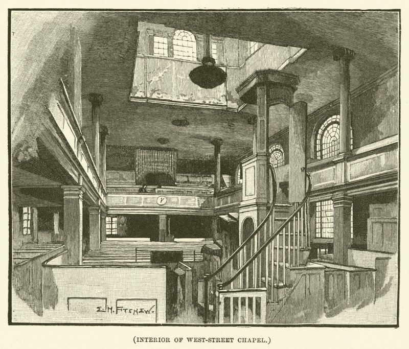 West-Streetin kappelin sisätilat (kaiverrus). tekijältä E.H. Fitchew