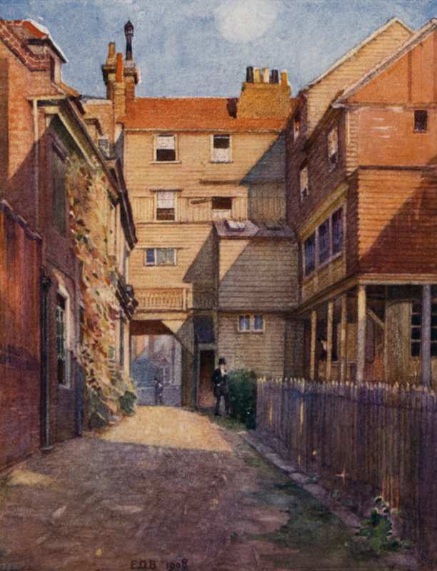 Eton: The Old Christopher Yard (väri litho) tekijältä E. D. Brinton