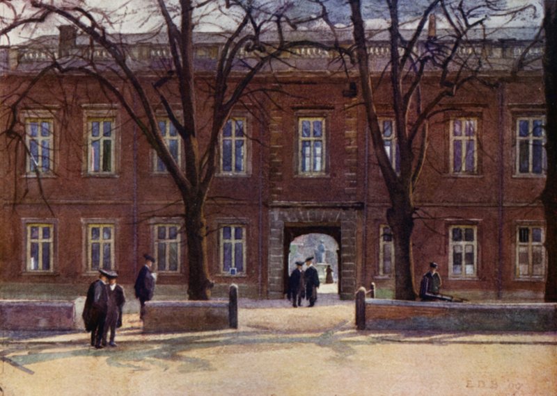 Eton: Upper School ja Long Walk "Chambersin" jälkeen (väri litho) tekijältä E. D. Brinton